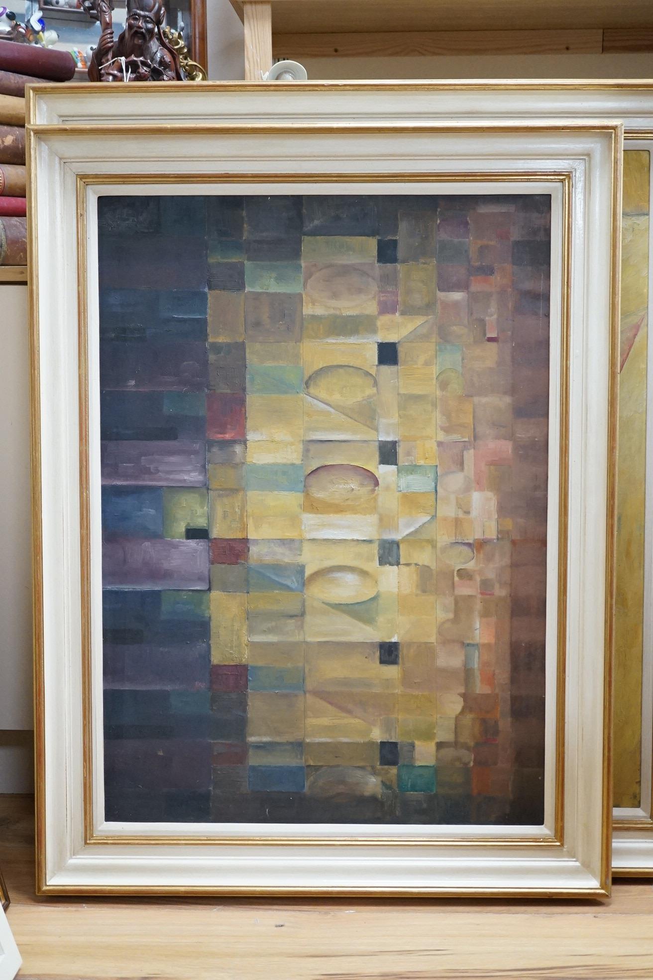 R. H. Barnard (American, 20th. C), three abstract oils on board to include an impasto example, one signed and dated 1961, largest 90 x 73cm. Condition - fair to good